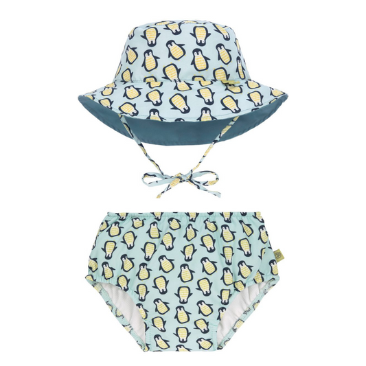 LASSIG BLUE PENGUIN SWIM NAPPY & BUCKET HAT SET