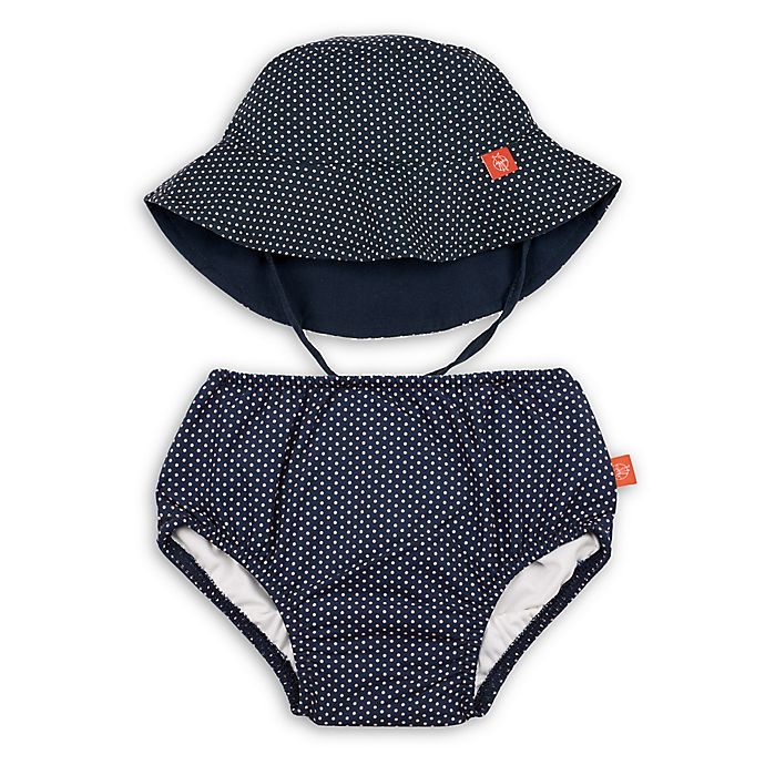 LASSIG NAVY & RUST POLKA DOT SWIM NAPPY & BUCKET HAT SET