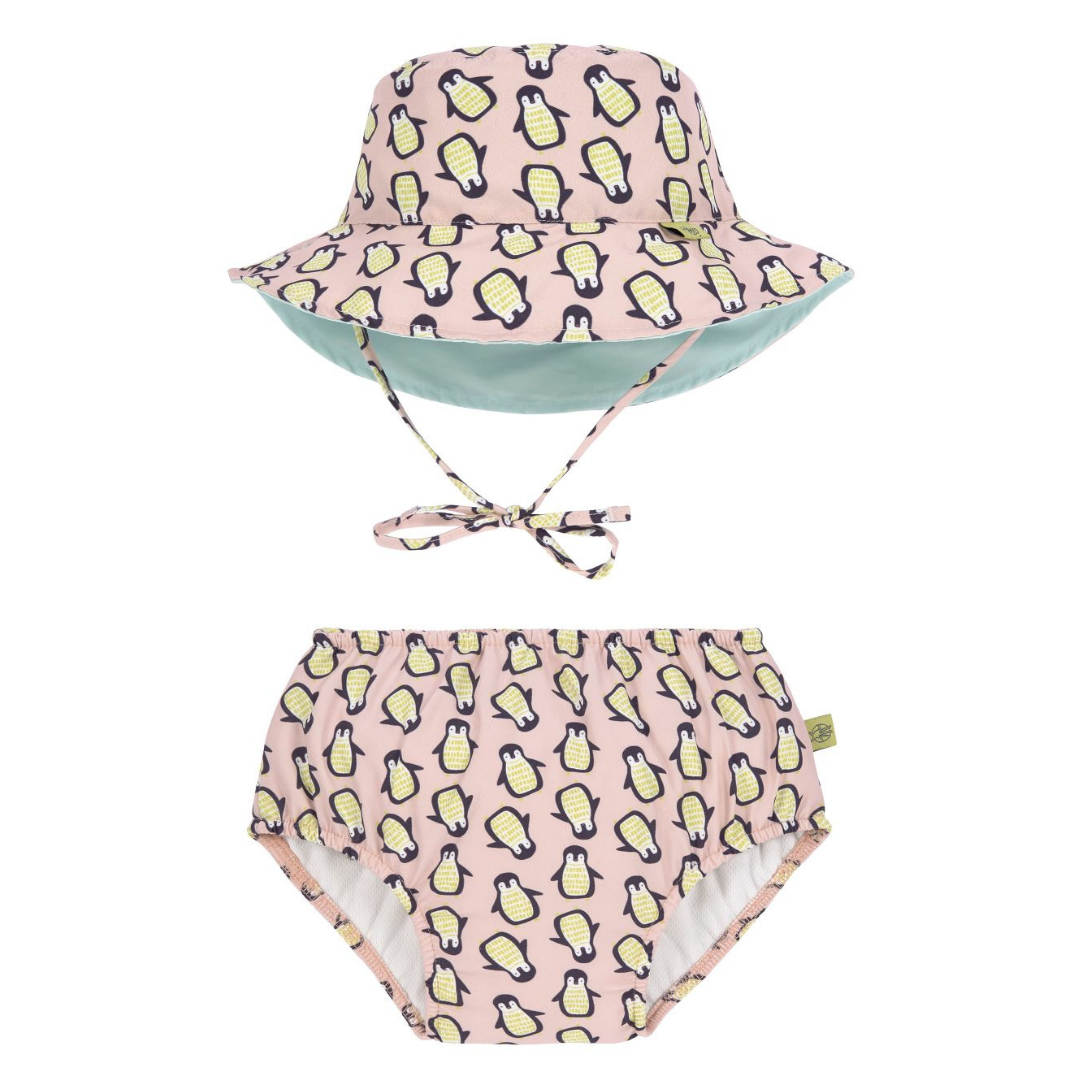 LASSIG PINK PENGUIN SWIM NAPPY & BUCKET HAT SET