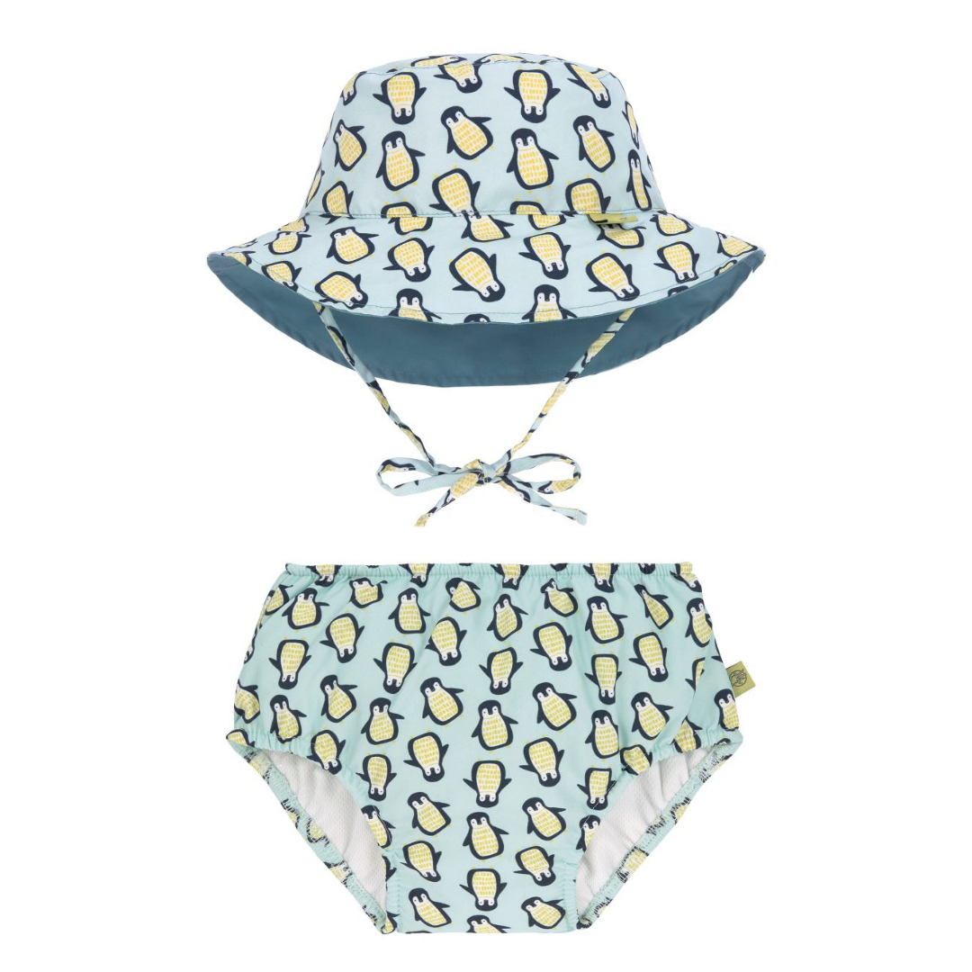 LASSIG BLUE PENGUIN SWIM NAPPY & BUCKET HAT SET